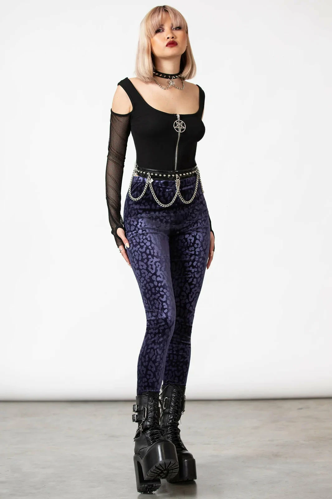Killstar Caturday Leggings Plum - Image 4